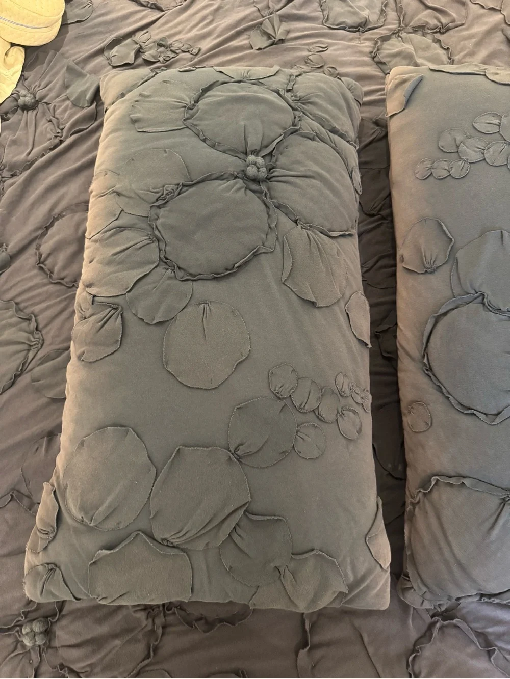 Anthropologie Navy Blue Ruffled Floral Quilt + Two Lumbar Pillow Covers